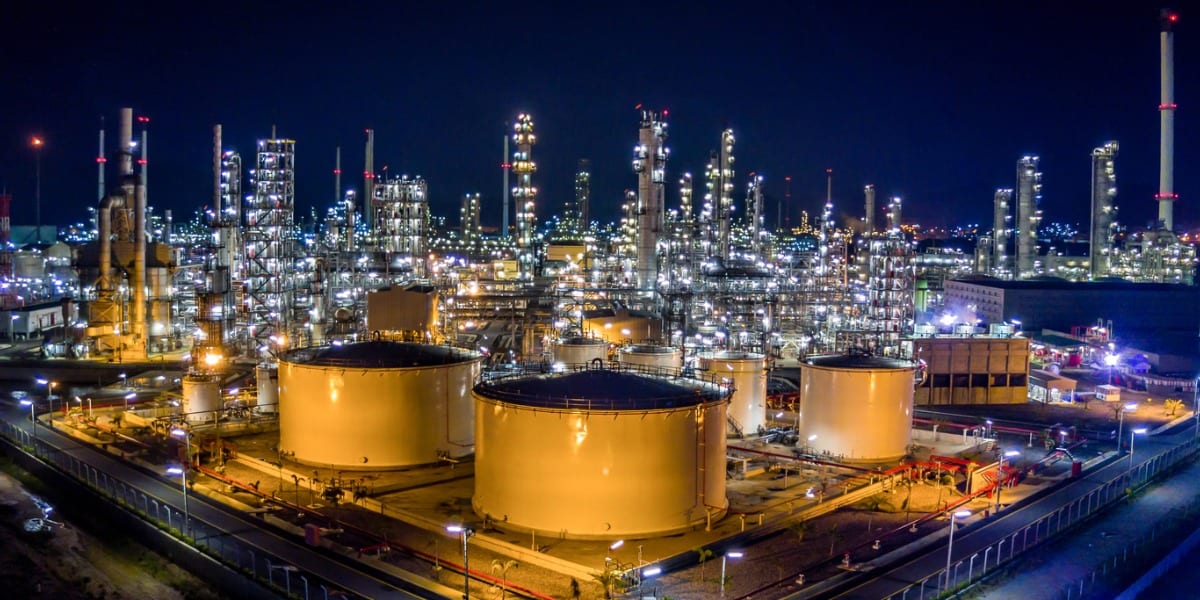 Large oil refinery at night