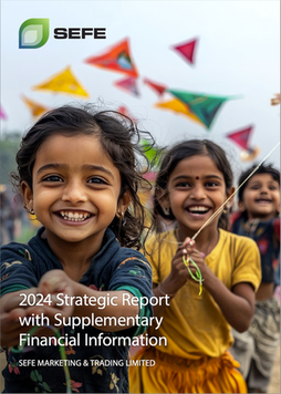 Children joyfully flying colourful kites during an outdoor celebration, with vibrant banners in the background. SEFE logo at the top.